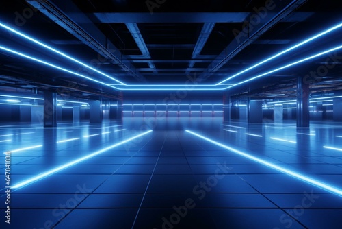Futuristic empty warehouse with blue and white lighting, underground parking, and concrete floor. Generative AI © Fable