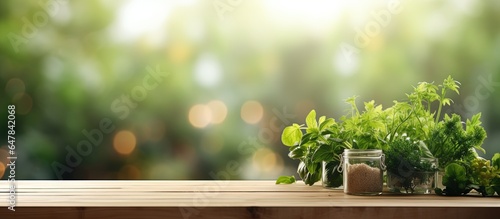 Product montage displayed on a blurred background with a wooden table and greenery from the garden