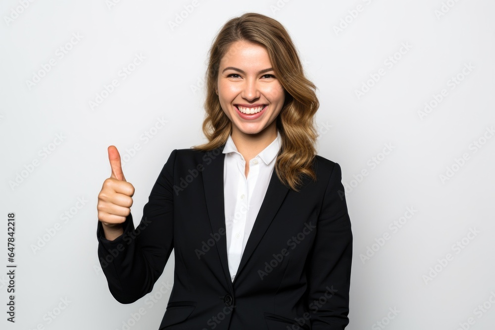 Businesswoman looking at camera in thumbs up greeting gesture, studio background Businesswoman looking at camera in thumbs up greeting gesture, studio background