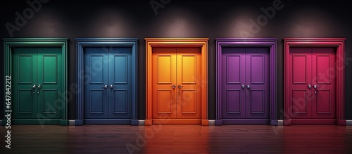 Multiple closed doors of various colors against a dark wall ing