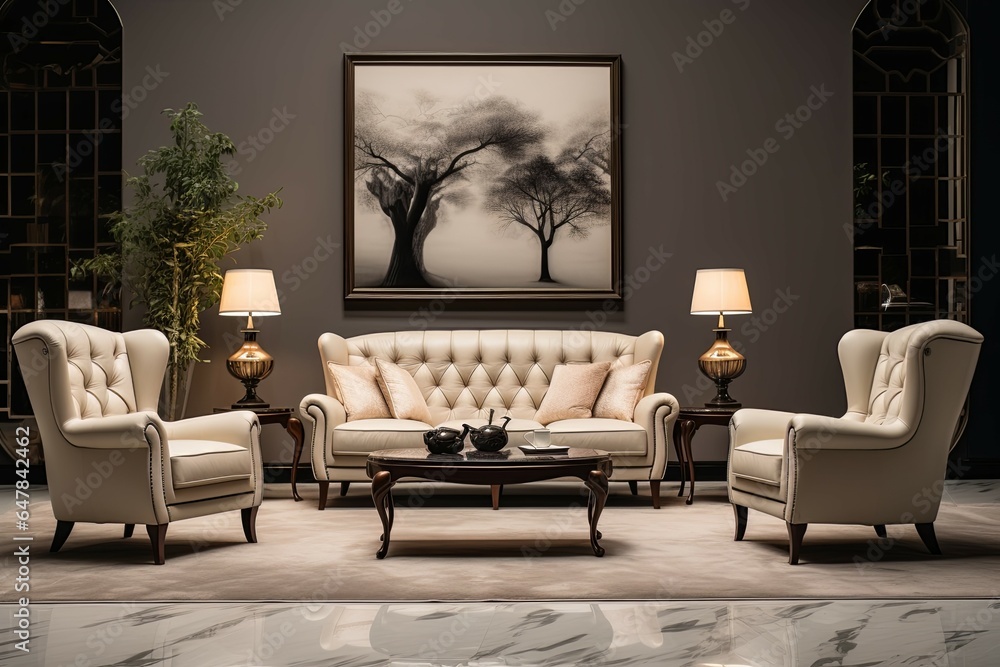 Obraz premium Beige tufted chesterfield sofa and brown wing chairs. Art deco interior design of modern living room.