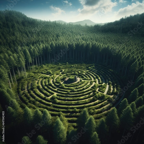 A circular maze in the middle of a forest. Generative AI.