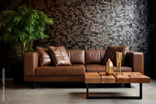 Brown leather sofa against tiled mosaic wall. Loft interior design of modern living room.