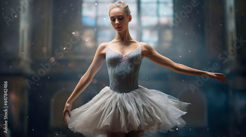 Young graceful gorgeous classical ballet female dancer ballerina in blue and white tutu is performing a choreography on classic theatre stage.