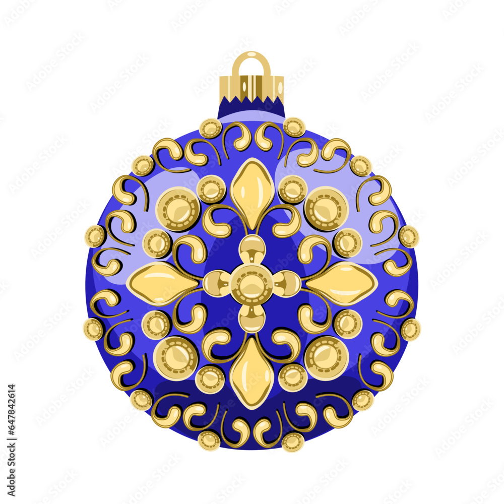 Fototapeta premium Blue Christmas ball with gold ornaments isolated on white background. Vector illustration.