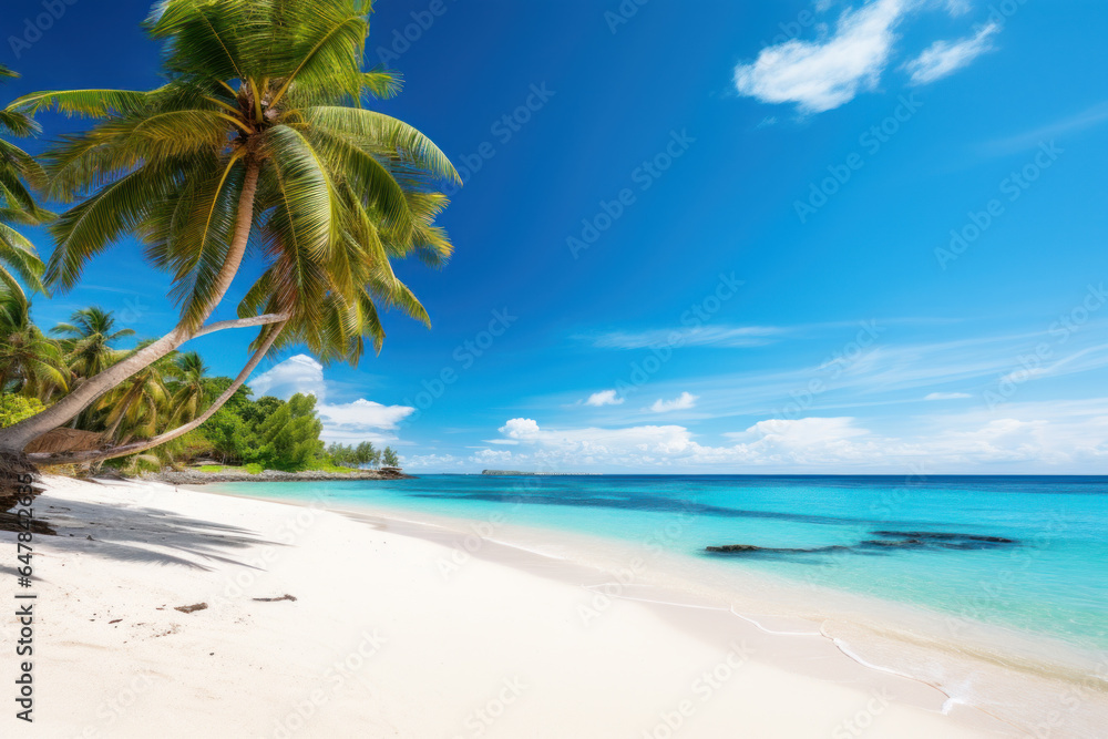 Coconut palms on a sunny tropical sandy beach and turquoise ocean. Amazing nature landscape. Stunning beach scenery, peaceful and inspiring travel destination.
