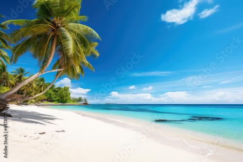 Coconut palms on a sunny tropical sandy beach and turquoise ocean. Amazing nature landscape. Stunning beach scenery  peaceful and inspiring travel destination.