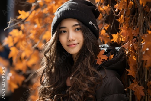 Portrait of a beautiful Asian teenage girl near a wall with autumn leaves