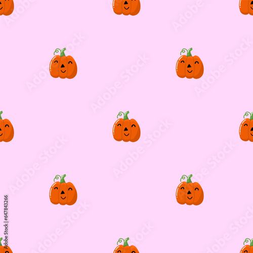 Simple seamless pattern with cute pumpkin on pink background. Halloween trendy concept. Hand drawn vector illustration for cover, stationary, wallpaper, prints, wrapping, textile