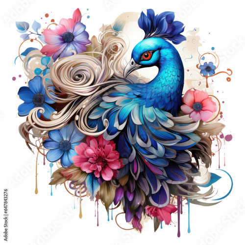 A captivating peacock flower t-shirt design, petals in vibrant magentas and purples, with hints of iridescent blues, Generative Ai