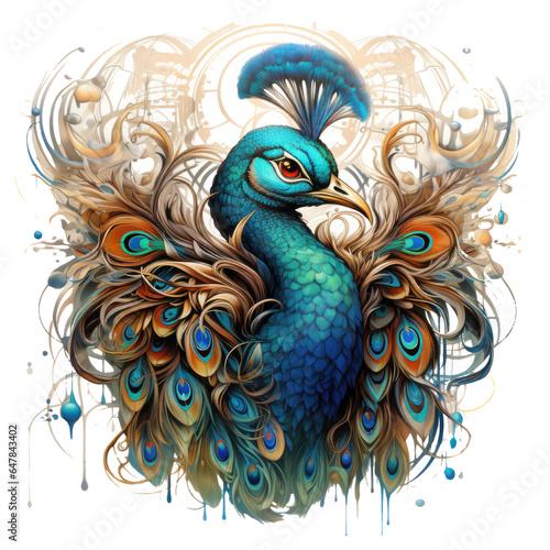 A mythical peacock full body t-shirt design in a mystical realm, the bird's feathers adorned with intricate symbols and mystical glows, Generative Ai