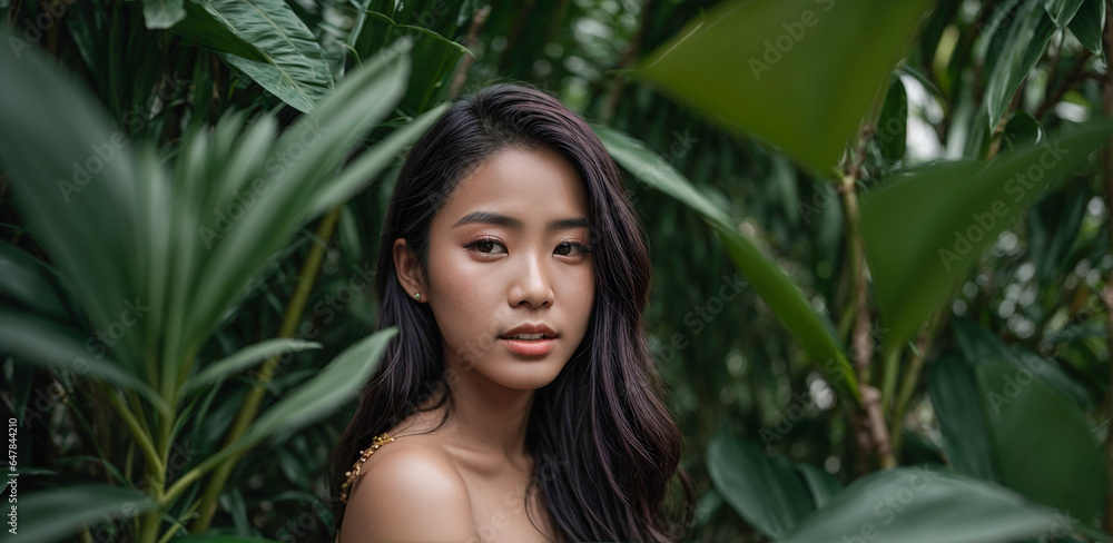 Portrait of a beautiful Asian girl against a background of tropical leaves Portrait of a beautiful Asian girl against a background of tropical leaves