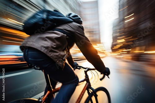 a man cyclist riding a bicycle at high speed in city street with motion blur © DailyLifeImages