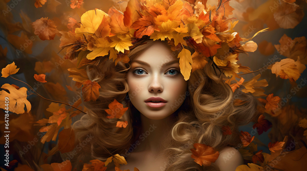 Autumn, fall woman. Beautiful young woman with autumn leaves in her hair. Beauty, fashion. Autumn, fall woman. Beautiful young woman with autumn leaves in her hair. Beauty, fashion.