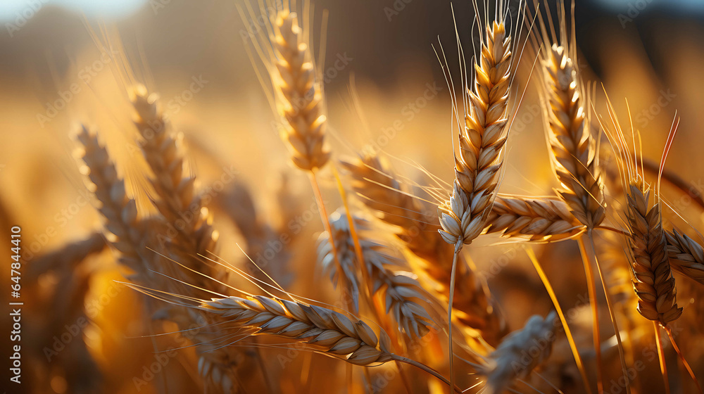 Wheat field. Ears of golden wheat close-up. Rich harvest Concept.