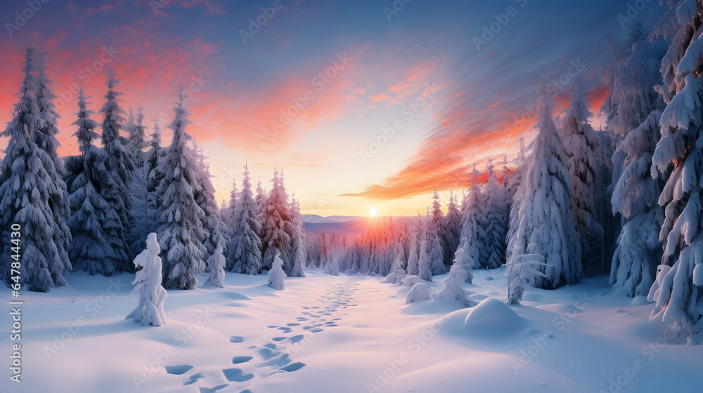 Fantastic winter landscape. Dramatic wintry scene. Winter landscape wallpaper with pine forest covered with snow and scenic sky at sunset.