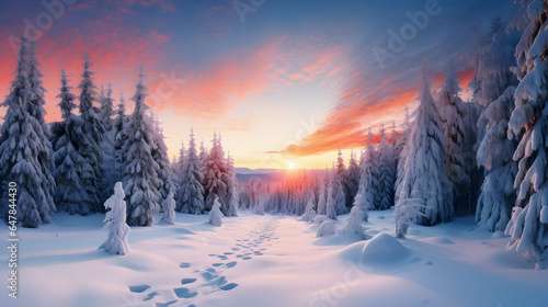 Fantastic winter landscape. Dramatic wintry scene. Winter landscape wallpaper with pine forest covered with snow and scenic sky at sunset.