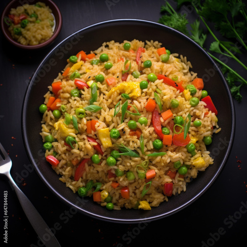 vegetable fried rice overhead shot black slate, generative ai