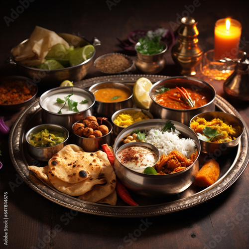 traditional silver plate with Indian food to celebra, generative ai