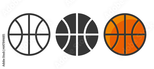 Vector Cartoon Basketball Set Closeup Isolated. Black and White and Color Basketball Sports Ball, Design Templates for Logo, Basketball Sports Equipment