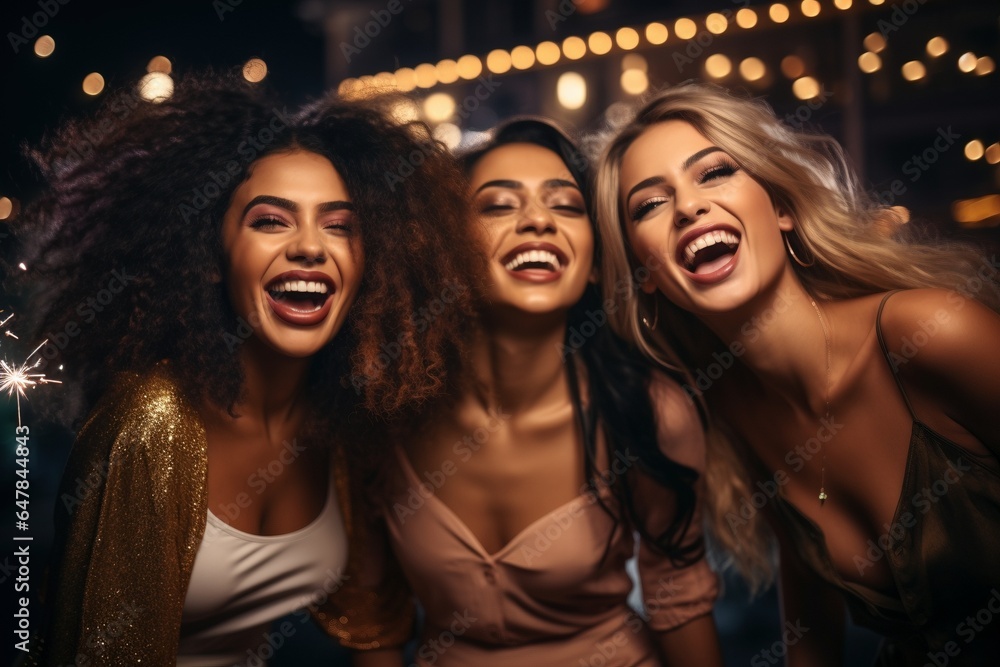 3 female friends smiling and happy on a night out 3 female friends smiling and happy on a night out