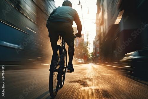 a man cyclist riding a bicycle at high speed in city street with motion blur photo