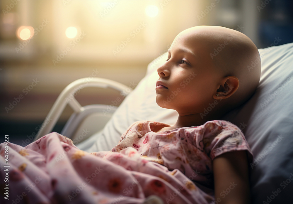 Cancer patient, healthcare service, hand for empathy, love and healing in hospital bed concept. Sad little child toddler girl sick kid in medical care bed bald after course of chemotherapy treatment - obrazy, fototapety, plakaty 