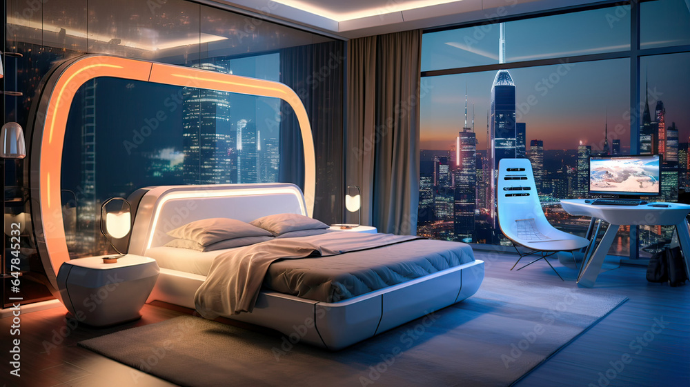 Futuristic Comfort: Sleek Bedroom Overlooking the Cityscape at Night - obrazy, fototapety, plakaty 