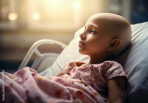 Cancer patient, healthcare service, hand for empathy, love and healing in hospital bed concept. Sad little child toddler girl sick kid in medical care bed bald after course of chemotherapy treatment