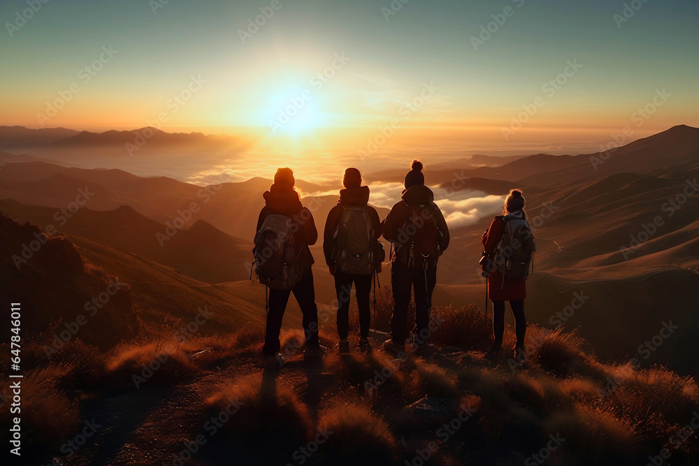 Freedom and travel concept. Four friends or family members with backpacks hugging at the summit of a mountain chase looking at a beautiful stunning amazing view of the ocean sunrise or sunset