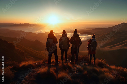 Freedom and travel concept. Four friends or family members with backpacks hugging at the summit of a mountain chase looking at a beautiful stunning amazing view of the ocean sunrise or sunset © Valeriia