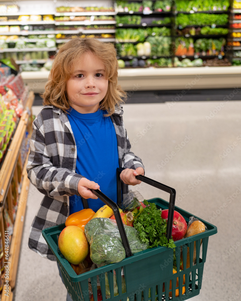 Child With Shopping Basket Full Of Vegetables And Fruits Kid In A Food