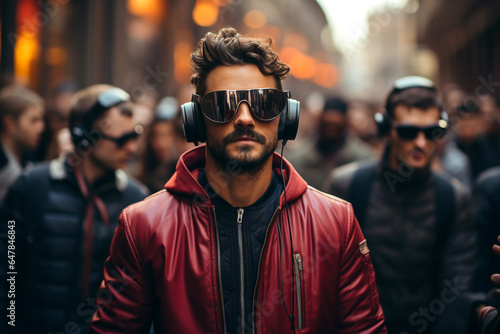  Modern technologies and futuristic life, digital addiction concept. Crowd of citizens making normal life wearing VR headset in city. People walking with virtual reality googles glasses on the street © Valeriia