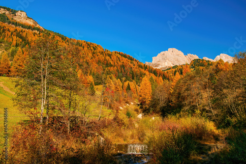 A picturesque autumn landscape in Val Gardena, Dolomites, South Tyrol, Italy. The image captures the vibrant fall colors of the trees against the backdrop of the majestic mountain range