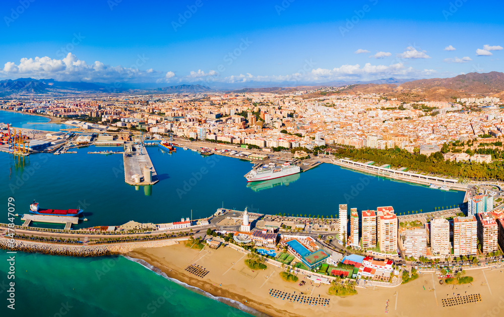 Malaga city port aerial panoramic view in Andalusia