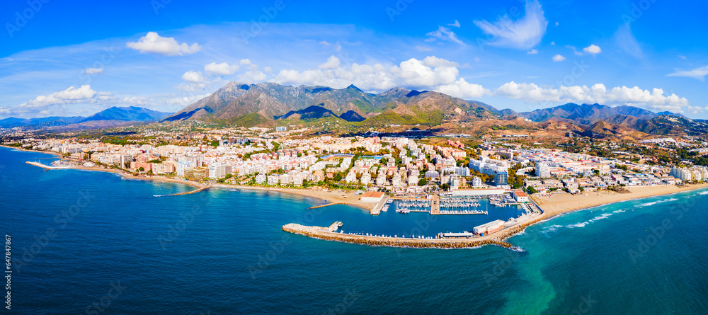 Marbella city port and beach aerial panoramic view - obrazy, fototapety, plakaty 