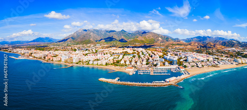Leinwand Poster Marbella city port and beach aerial panoramic view