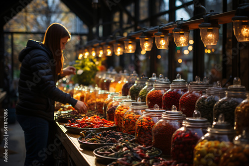 vintage market stall with colourful spices in clear jars