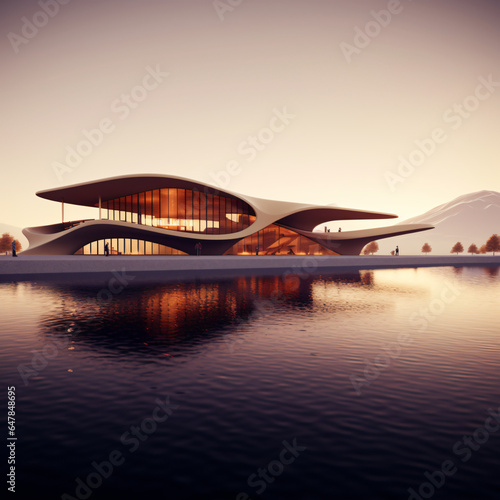 futuristic house sat by a lake overlooking a mountain © Tauheed
