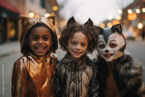 tres niños disfrazados para halloween, en calle de ciudad con fondo desenfocado concepto halloween photo
