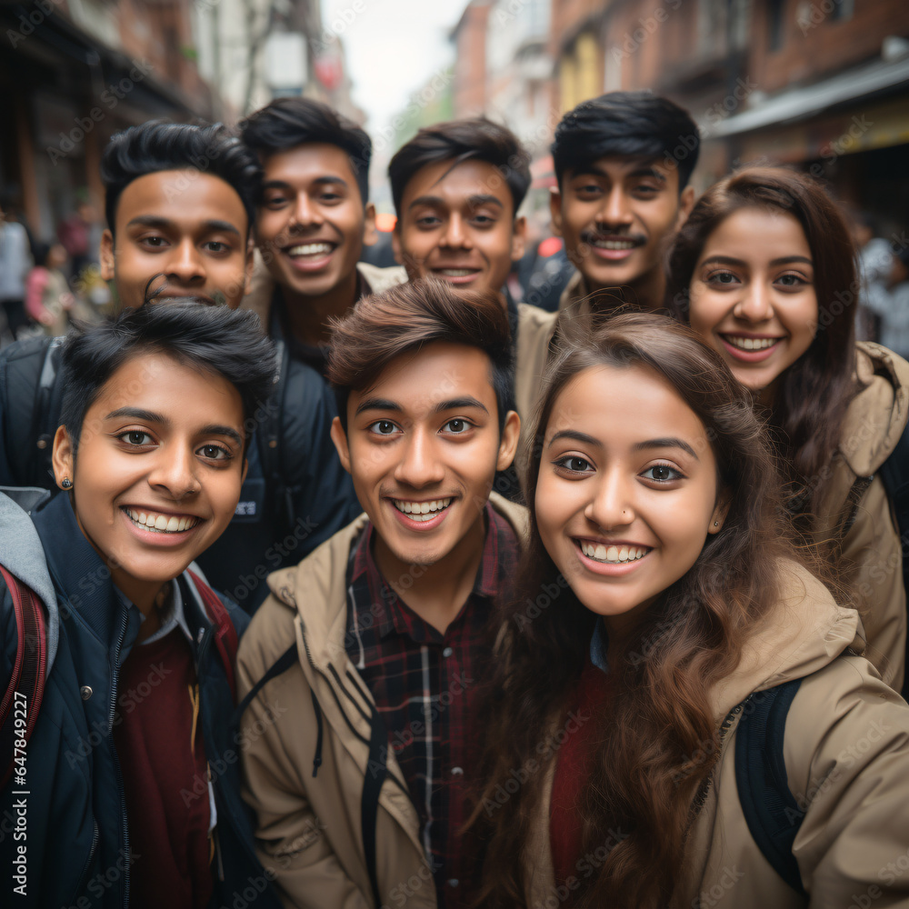 selfies of a group of indian adolescent boys and girls - obrazy, fototapety, plakaty 