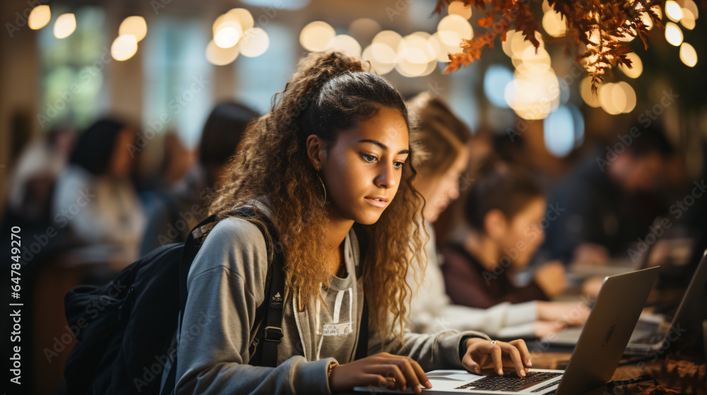 female student learning in the mensa of a university female student learning in the mensa of a university