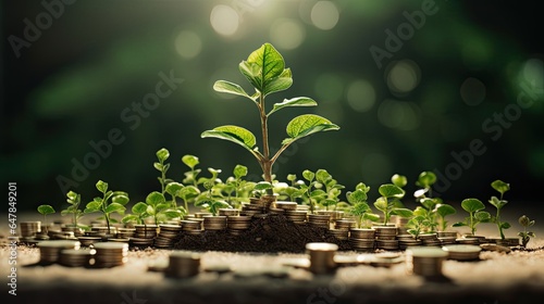 Financial interest rate and business growth from dividend concept, A young plant sprouts from a mound of coins on a table, symbolizing financial growth and investment under the shimmering light.
