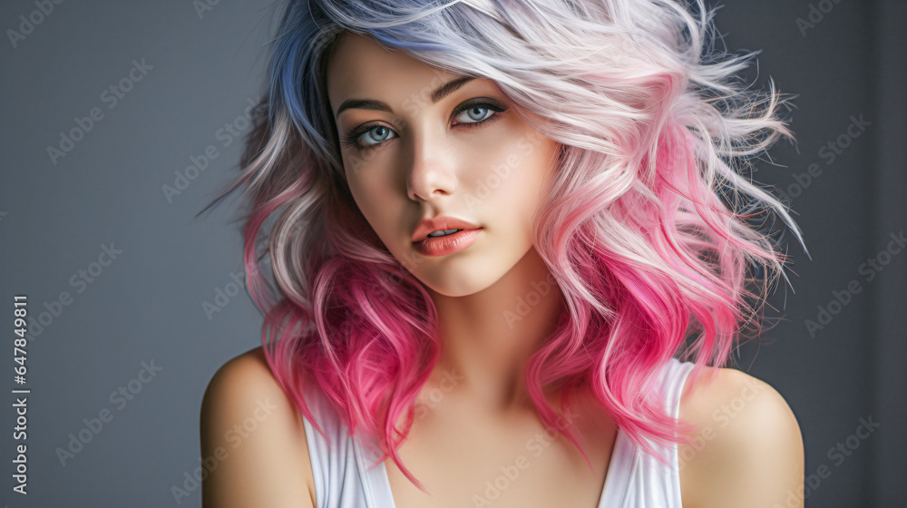 hair style with two colors in blonde an  pink at a young woman