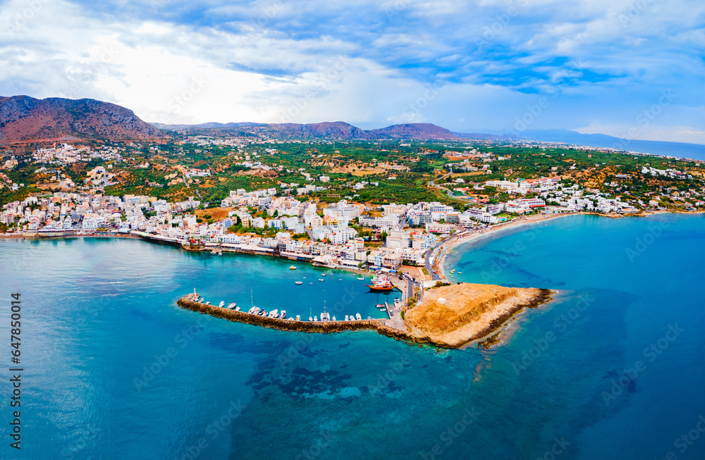 Hersonissos town aerial panoramic view in Crete, Greece
