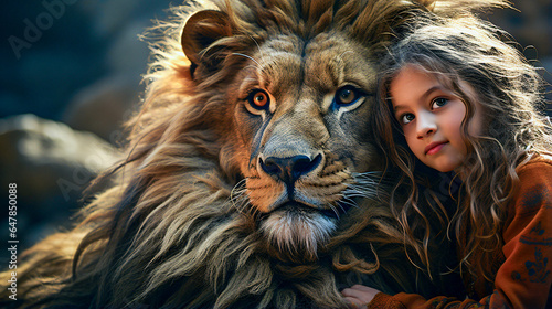 friendship between lovely little girl and a big male lion 
