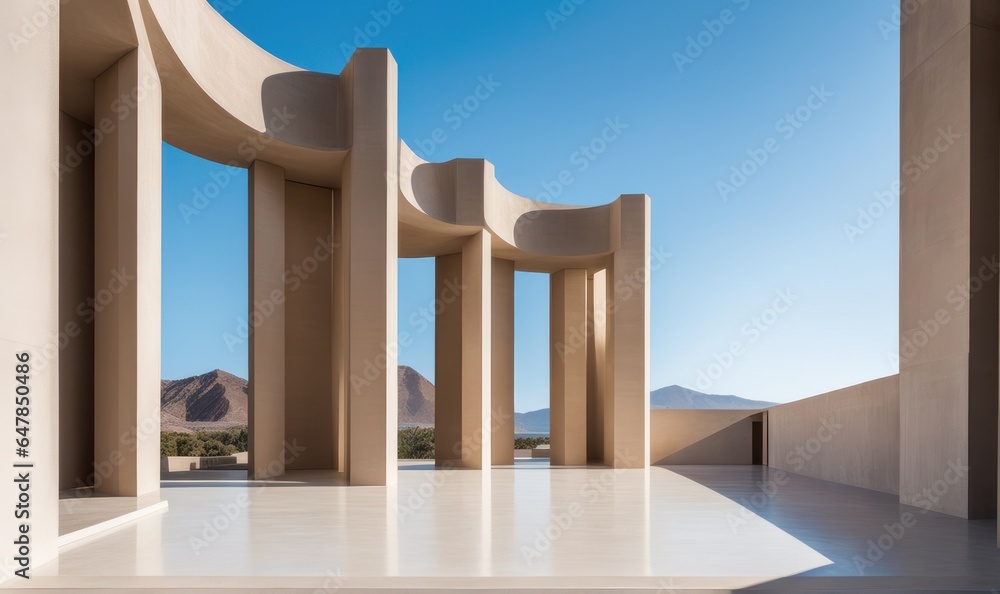 Open terrace with columns and arches against the sky and the mountains
