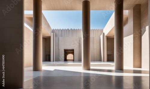 Open modern interior of the interior space with stone columns and arches 