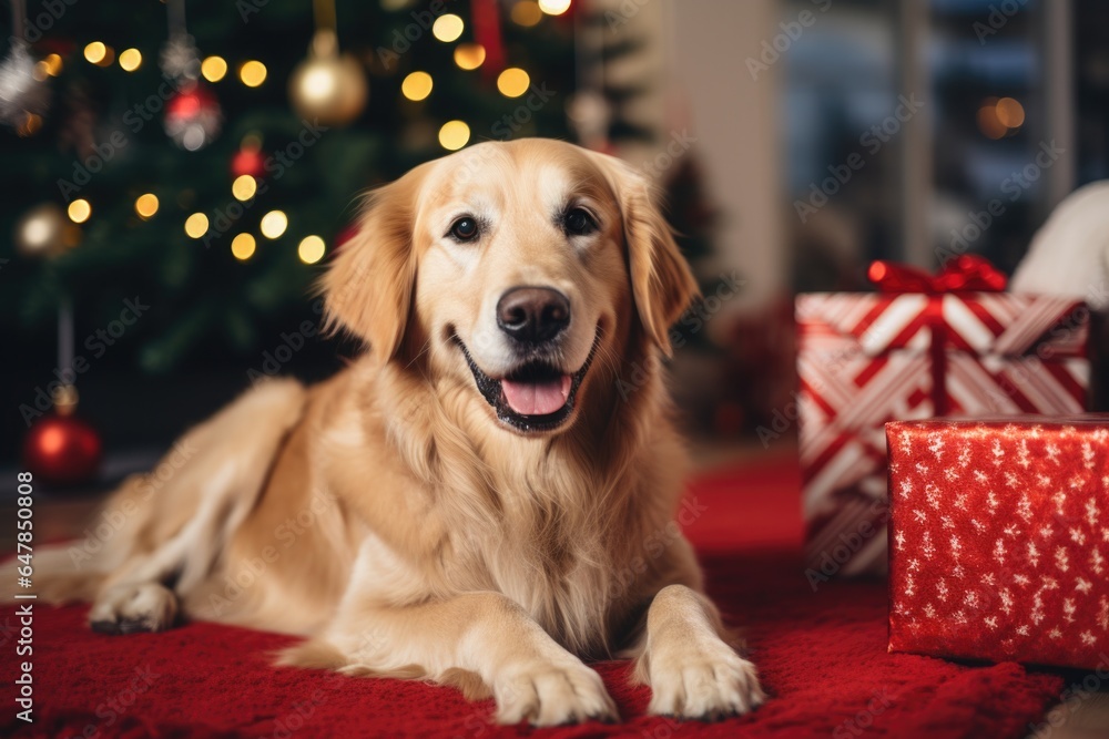 Cute golden retriever dog on carpet. Family relax time. Winter Christmas holidays. Atmospheric moments lifestyle