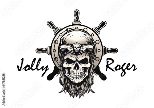 A pirate's skull against the background of a ship's wheel. Jolly Roger. Vector illustration isolated on white background.